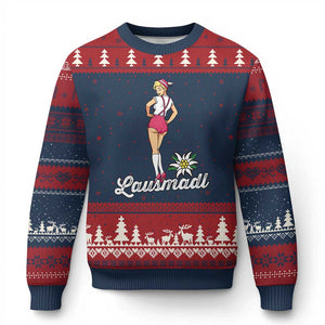 Retro Bavarian Pin Up Girl Lausmadl Ugly Christmas Sweater Oktoberfest Edelweiss Flower TS02 Navy Red Print Your Wear