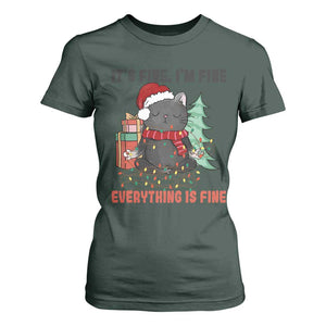 Christmas Black Cat T Shirt For Women It's Fine I'm Fine Everything Is Fine Xmas Light Funny TS02 Dark Forest Green Print Your Wear