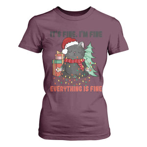 Christmas Black Cat T Shirt For Women It's Fine I'm Fine Everything Is Fine Xmas Light Funny TS02 Maroon Print Your Wear