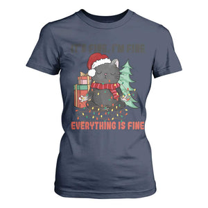Christmas Black Cat T Shirt For Women It's Fine I'm Fine Everything Is Fine Xmas Light Funny TS02 Navy Print Your Wear
