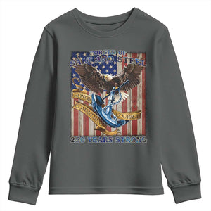 Military Navy 250th Anniversary Youth Sweatshirt Forged of Salt and Steel Patriotic Eagle Anchor American Flag TS02 Dark Heather Print Your Wear