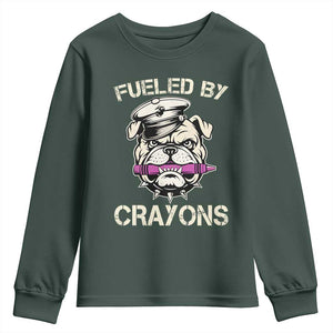 Fueled by Crayons Bulldog Youth Sweatshirt Funny Military Crayon Eater Gift for Veterans TS02 Dark Forest Green Print Your Wear