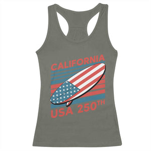 California USA 250th Anniversary Racerback Tank Top US Semiquincentennial Patriotic Surfboard Graphic TS02 Military Green Print Your Wear