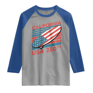 California USA 250th Anniversary Raglan Shirt US Semiquincentennial Patriotic Surfboard Graphic TS02 Sport Gray Royal Print Your Wear