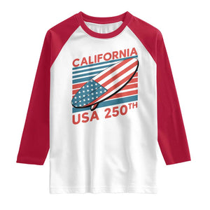 California USA 250th Anniversary Raglan Shirt US Semiquincentennial Patriotic Surfboard Graphic TS02 White Red Print Your Wear