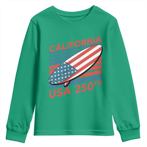 California USA 250th Anniversary Youth Sweatshirt US Semiquincentennial Patriotic Surfboard Graphic TS02 Irish Green Print Your Wear