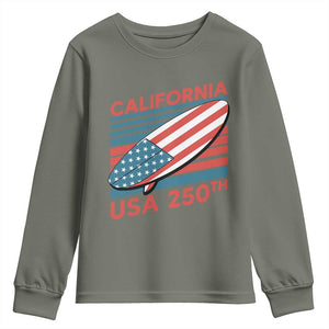 California USA 250th Anniversary Youth Sweatshirt US Semiquincentennial Patriotic Surfboard Graphic TS02 Military Green Print Your Wear