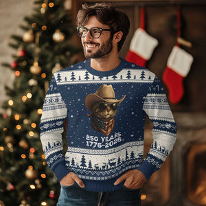 Cool Cowboy Cat 250 Years Ugly Christmas Sweater Funny Patriotic 1776 to 2026 US Semiquincentennial TS02 Navy Beige Print Your Wear