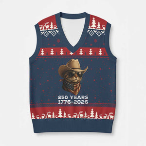 Cool Cowboy Cat 250 Years V-Neck Knit Sweater Vest Funny Patriotic 1776 to 2026 US Semiquincentennial TS02 Navy Red Print Your Wear