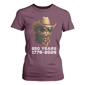 Cool Cowboy Cat 250 Years T Shirt For Women Funny Patriotic 1776 to 2026 US Semiquincentennial TS02 Maroon Print Your Wear