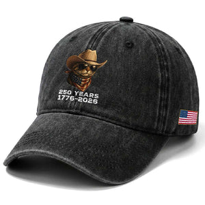 Cool Cowboy Cat 250 Years Washed Cotton Baseball Cap Funny Patriotic 1776 to 2026 US Semiquincentennial TS02 Print Your Wear
