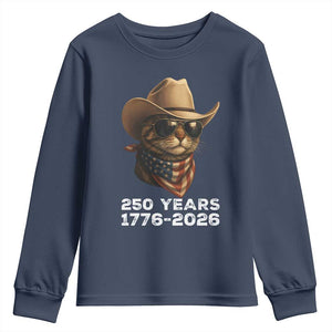 Cool Cowboy Cat 250 Years Youth Sweatshirt Funny Patriotic 1776 to 2026 US Semiquincentennial TS02 Navy Print Your Wear