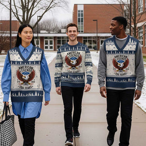 American Legends Eagle V-Neck Knit Sweater Vest 250 Years Patriotic Heritage 1776 to 2026 Semiquincentennial TS02 Beige Navy Print Your Wear