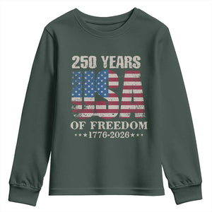 USA Flag 250 Years of Freedom Youth Sweatshirt Vintage Patriotic 1776 to 2026 Semiquincentennial TS02 Dark Forest Green Print Your Wear