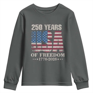 USA Flag 250 Years of Freedom Youth Sweatshirt Vintage Patriotic 1776 to 2026 Semiquincentennial TS02 Dark Heather Print Your Wear