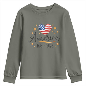 America Heart 250 Years Youth Sweatshirt US Semiquincentennial Cute Patriotic 1776 to 2026 TS02 Military Green Print Your Wear
