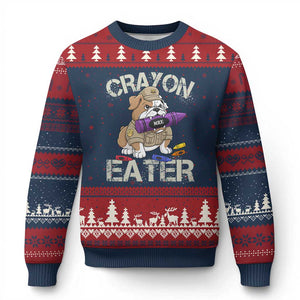 Crayon Eater Bulldog Ugly Christmas Sweater Funny Military Gift with Combat Pup and MRE Crayon TS02 Navy Red Print Your Wear