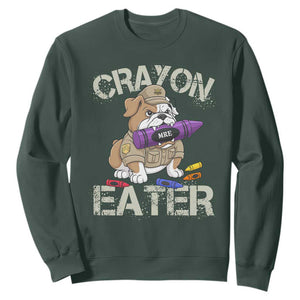 Crayon Eater Bulldog Sweatshirt Funny Military Gift with Combat Pup and MRE Crayon TS02 Dark Forest Green Print Your Wear