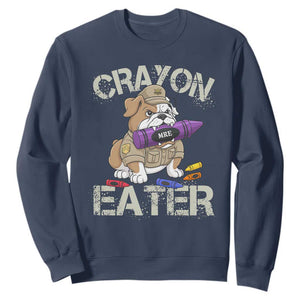 Crayon Eater Bulldog Sweatshirt Funny Military Gift with Combat Pup and MRE Crayon TS02 Navy Print Your Wear