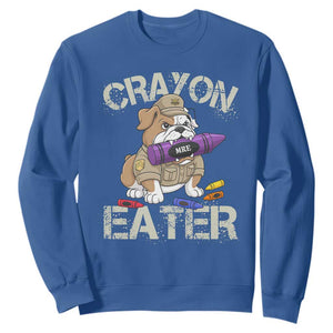 Crayon Eater Bulldog Sweatshirt Funny Military Gift with Combat Pup and MRE Crayon TS02 Royal Blue Print Your Wear
