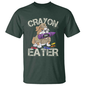 Crayon Eater Bulldog T Shirt Funny Military Gift with Combat Pup and MRE Crayon TS02 Dark Forest Green Print Your Wear