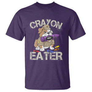Crayon Eater Bulldog T Shirt Funny Military Gift with Combat Pup and MRE Crayon TS02 Purple Print Your Wear