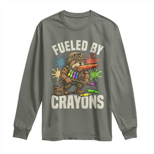 Fueled by Crayons Bulldog Soldier Long Sleeve Shirt Funny Combat Veteran Crayon Launcher TS02 Military Green Print Your Wear
