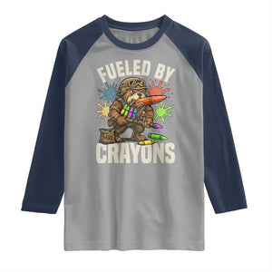 Fueled by Crayons Bulldog Soldier Raglan Shirt Funny Combat Veteran Crayon Launcher TS02 Sport Gray Navy Print Your Wear