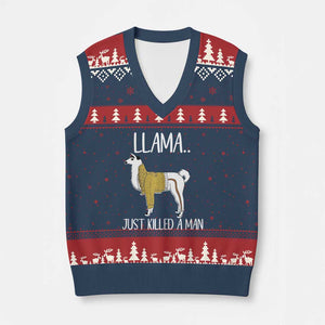 Funny Llama Just Killed a Man V-Neck Knit Sweater Vest Animal Pun Internet Meme TS02 Navy Red Print Your Wear