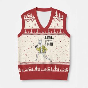 Funny Llama Just Killed a Man V-Neck Knit Sweater Vest Singing Animal Pun Internet Meme TS02 Beige Red Print Your Wear