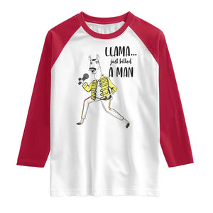 Funny Llama Just Killed a Man Raglan Shirt Singing Animal Pun Internet Meme TS02 White Red Print Your Wear