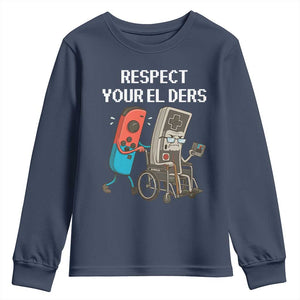 Respect Your Elders Retro Gaming Meme Youth Sweatshirt Funny Gamer Controller 80s TS02 Navy Print Your Wear