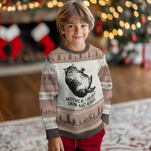Funny Fat Cat Meme Ugly Christmas Sweater Mother I Am But Skin and Bones Sarcastic Feline Humor TS02 Mocha Mousse Print Your Wear