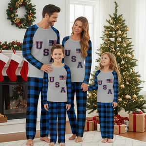 USA Flag Hockey Plaid Pajama Set Patriotic Ice Hockey Team Fan Vintage Throwback TS02 Blue Plaid Print Your Wear