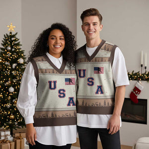USA Flag Hockey V-Neck Knit Sweater Vest Patriotic Ice Hockey Team Fan Vintage Throwback TS02 Mocha Mousse Print Your Wear