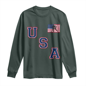 USA Flag Hockey Long Sleeve Shirt - Patriotic Ice Hockey Team Fan Vintage Throwback TS02 Dark Forest Green Print Your Wear