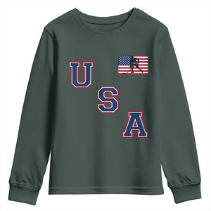 USA Flag Hockey Youth Sweatshirt Patriotic Ice Hockey Team Fan Vintage Throwback TS02 Dark Forest Green Print Your Wear