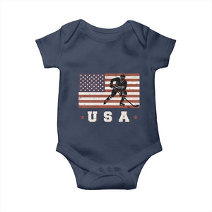 USA Flag Hockey Baby Onesie Patriotic Ice Hockey Player Retro Vintage TS02 Navy Print Your Wear