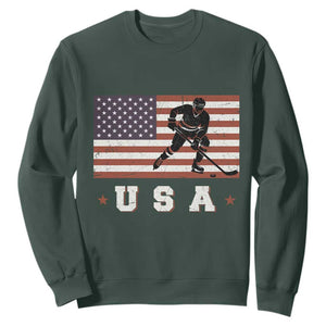 USA Flag Hockey Sweatshirt Patriotic Ice Hockey Player Retro Vintage TS02 Dark Forest Green Print Your Wear
