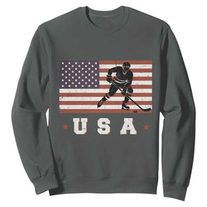 USA Flag Hockey Sweatshirt Patriotic Ice Hockey Player Retro Vintage TS02 Dark Heather Print Your Wear