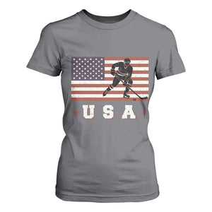 USA Flag Hockey T Shirt For Women Patriotic Ice Hockey Player Retro Vintage TS02 Charcoal Print Your Wear