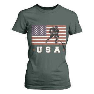 USA Flag Hockey T Shirt For Women Patriotic Ice Hockey Player Retro Vintage TS02 Dark Forest Green Print Your Wear
