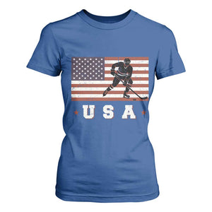 USA Flag Hockey T Shirt For Women Patriotic Ice Hockey Player Retro Vintage TS02 Royal Blue Print Your Wear
