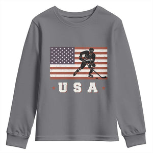 USA Flag Hockey Youth Sweatshirt Patriotic Ice Hockey Player Retro Vintage TS02 Charcoal Print Your Wear