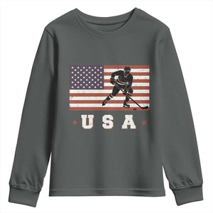 USA Flag Hockey Youth Sweatshirt Patriotic Ice Hockey Player Retro Vintage TS02 Dark Heather Print Your Wear