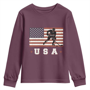 USA Flag Hockey Youth Sweatshirt Patriotic Ice Hockey Player Retro Vintage TS02 Maroon Print Your Wear