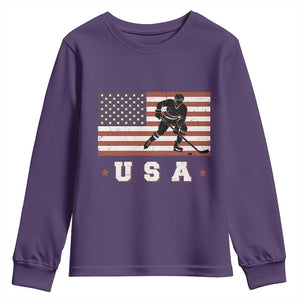 USA Flag Hockey Youth Sweatshirt Patriotic Ice Hockey Player Retro Vintage TS02 Purple Print Your Wear