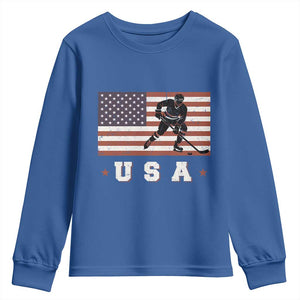 USA Flag Hockey Youth Sweatshirt Patriotic Ice Hockey Player Retro Vintage TS02 Royal Blue Print Your Wear