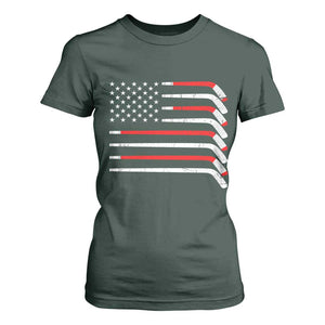 USA Flag Hockey T Shirt For Women Patriotic Hockey Stick American Flags TS02 Dark Forest Green Print Your Wear