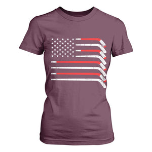 USA Flag Hockey T Shirt For Women Patriotic Hockey Stick American Flags TS02 Maroon Print Your Wear